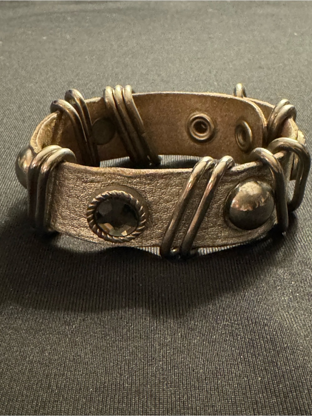 Silver Metallic Leather Statement Bracelet - Crystal & Stud Accent Cuff